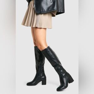 🖤 NEW Black Faux Leather Knee High Boots – Chunky Heel